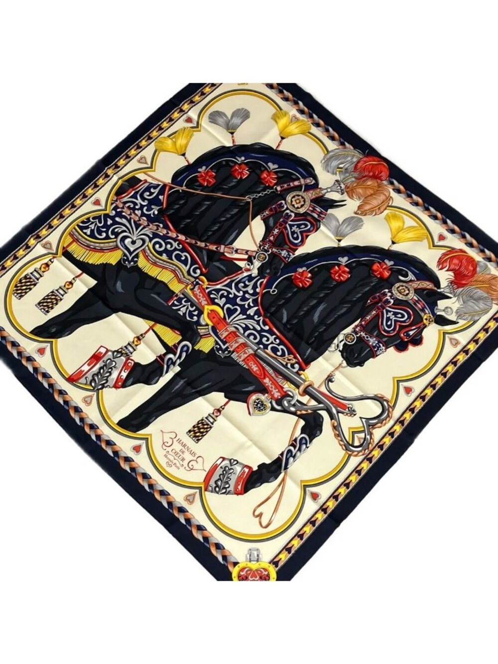 Hermes Scarf Carre 90 Ivory Dark Navy Multi Harnais de Coeur
